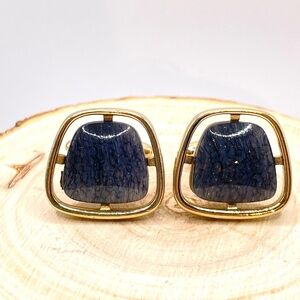 Vintage Hickok Signed Gold Tone Blue Gray Glass Stone MCM Cuff Links